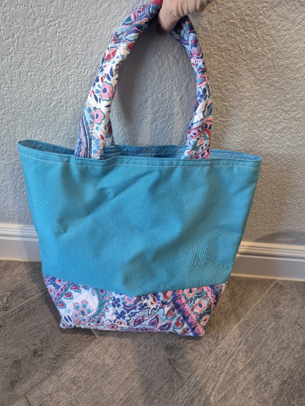 Turquoise and paisley print tote bag